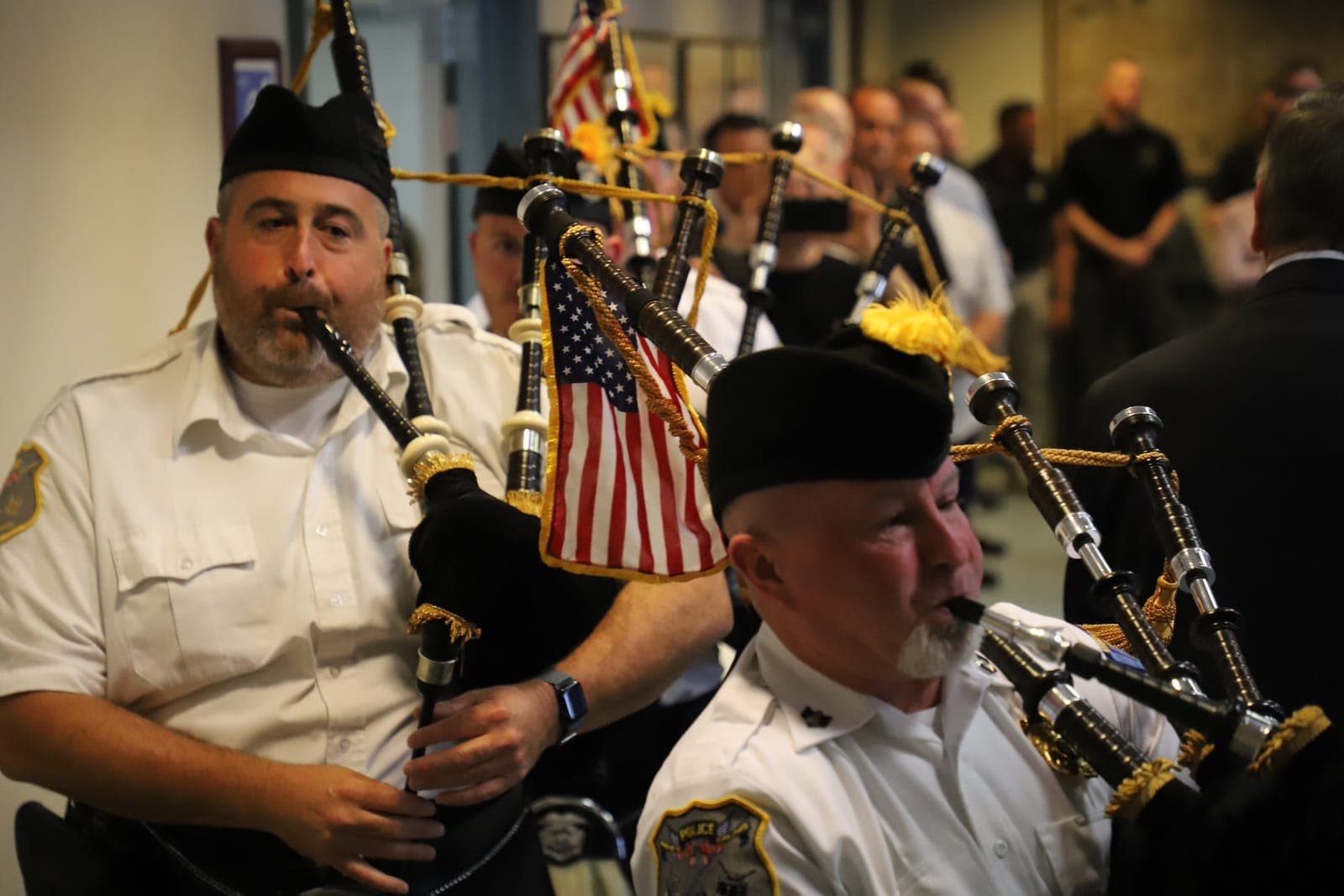 Members of the Morris County Police Pipes and Drums perform at McNally's retirement ceremony.