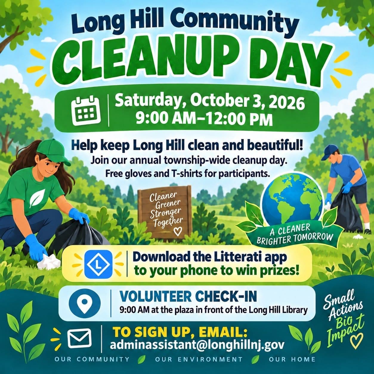 Long Hill’s Community Cleanup Day is planned for Oct. 3, with volunteer check-in at the plaza in front of the Long Hill Library.