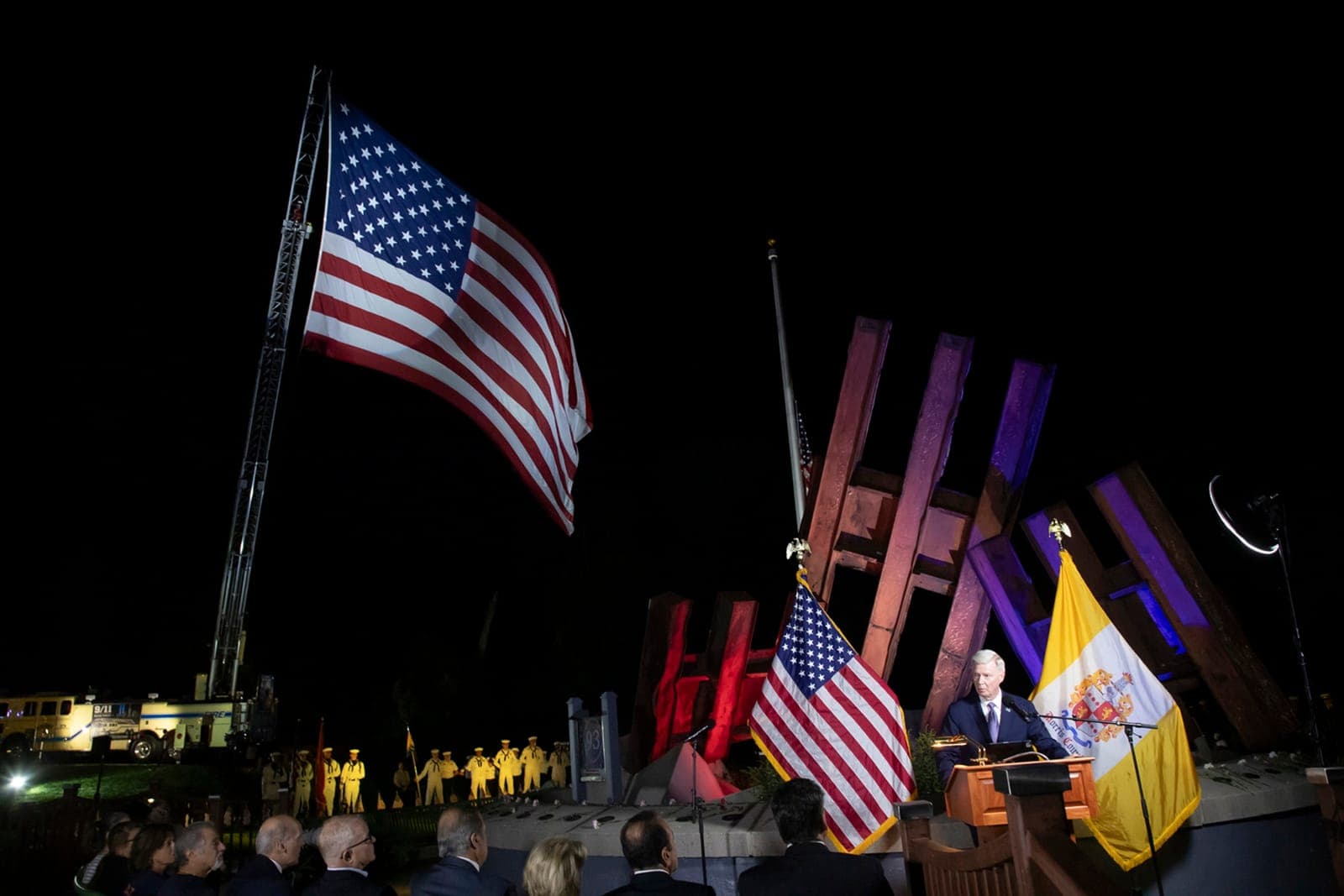 The Morris County 9/11 Memorial is seen during the remembrance ceremony as keynote speaker Dennis Letts addresses attendees.