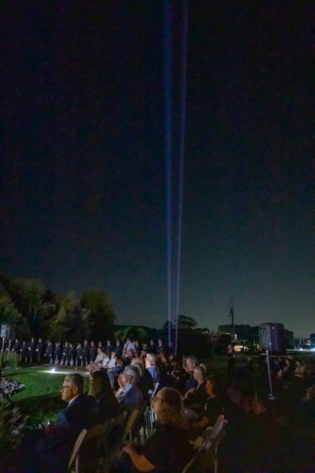 Two beams of light signify the Twin Towers during Morris County’s 25th Annual 9/11 Remembrance Ceremony.