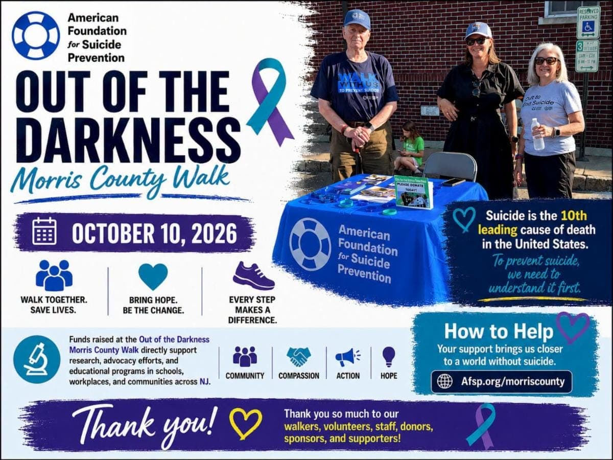 The American Foundation for Suicide Prevention will hold its 2026 Out of the Darkness Morris County Walk on October 10 at Cougar Field in Chatham.